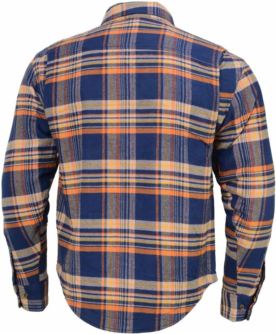 Milwaukee Leather MPM1656 Blue and Orange Flannel Biker Shirt for Men with CE Armor - Reinforced w/Aramid Fiber
