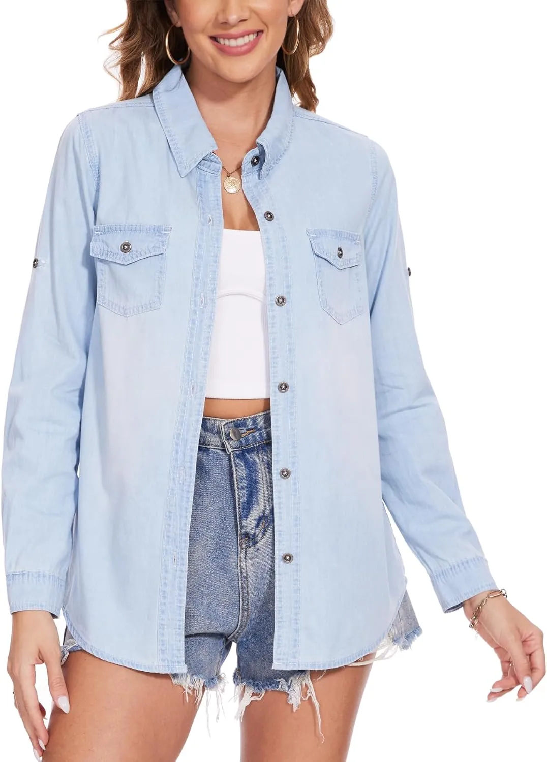 MISS MOLY Women Casual Button Down Long Sleeve Roll Up Oversized Boyfriend Distressed Denim Shirts