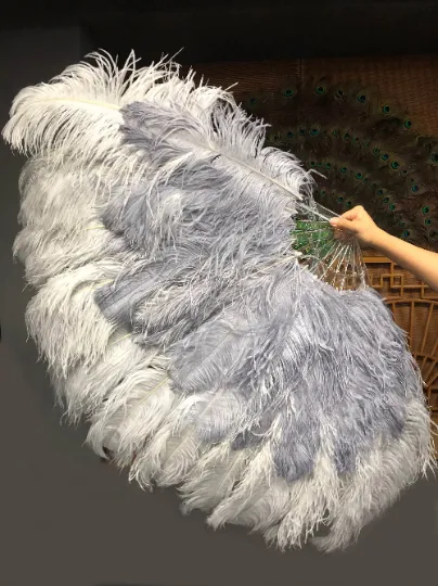 Mix Light gray & gray XL 2 Layer Ostrich Feather Fan 34''x 60'' with Travel leather Bag
