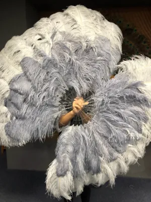 Mix Light gray & gray XL 2 Layer Ostrich Feather Fan 34''x 60'' with Travel leather Bag