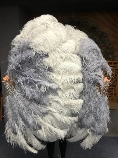 Mix Light gray & gray XL 2 Layer Ostrich Feather Fan 34''x 60'' with Travel leather Bag