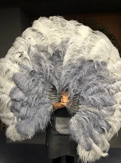 Mix Light gray & gray XL 2 Layer Ostrich Feather Fan 34''x 60'' with Travel leather Bag