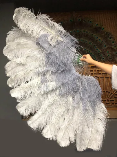 Mix Light gray & gray XL 2 Layer Ostrich Feather Fan 34''x 60'' with Travel leather Bag