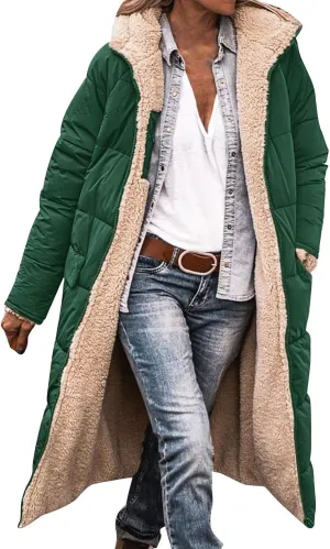 Miyaomn 90s Outfit for Women Womens 2023 Warm Winter Padded Coats Reversible Sherpa Fleece Lined Long Hooded Puffer Jackets Outerwear with Pockets(Green,Medium)