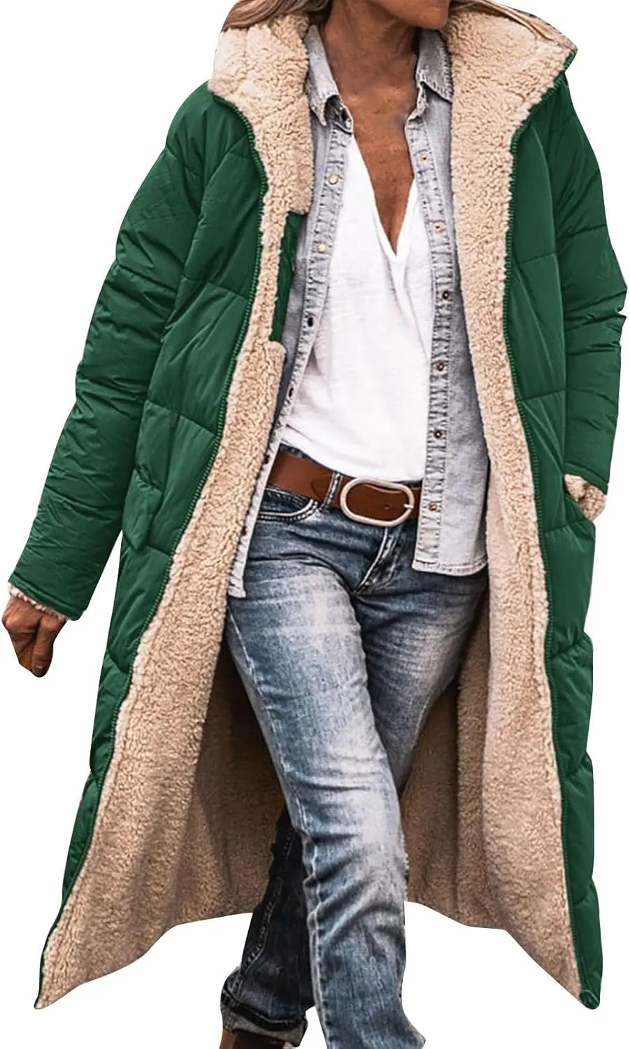 Miyaomn 90s Outfit for Women Womens 2023 Warm Winter Padded Coats Reversible Sherpa Fleece Lined Long Hooded Puffer Jackets Outerwear with Pockets(Green,Medium)