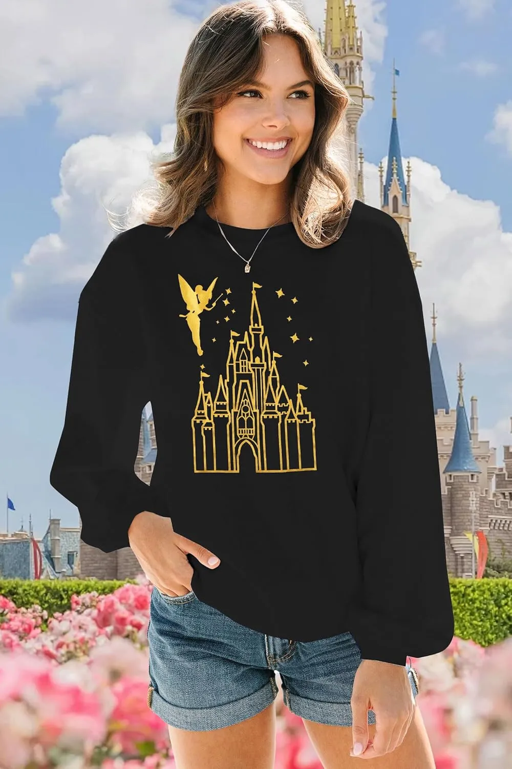 MNLYBABY Magic Kingdom Sweatshirt Women Magical Castle Shirt Cute Fairy Pullover Family Vacation Shirts Long Sleeve Tops
