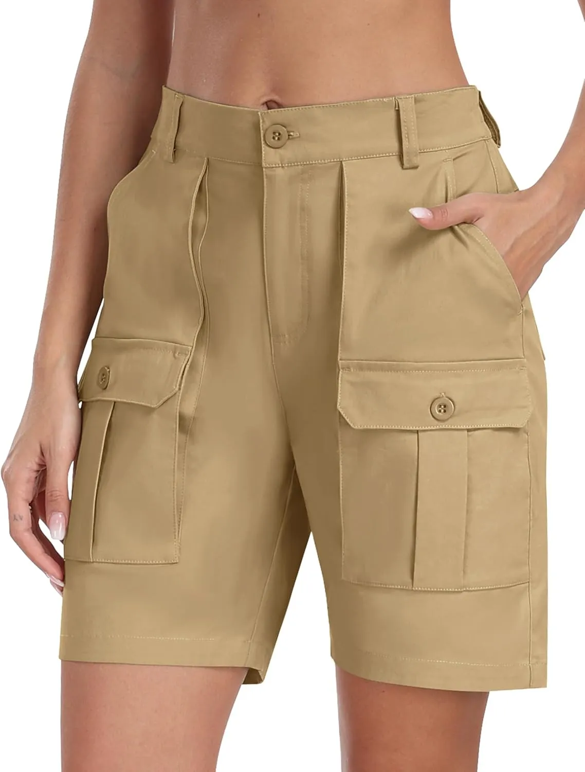 MoFiz Women's Cargo Bermuda Shorts Long Cotton Hiking Twill Chino Shorts Elastic Waist for Summer Casual Golf Travel Outdoor