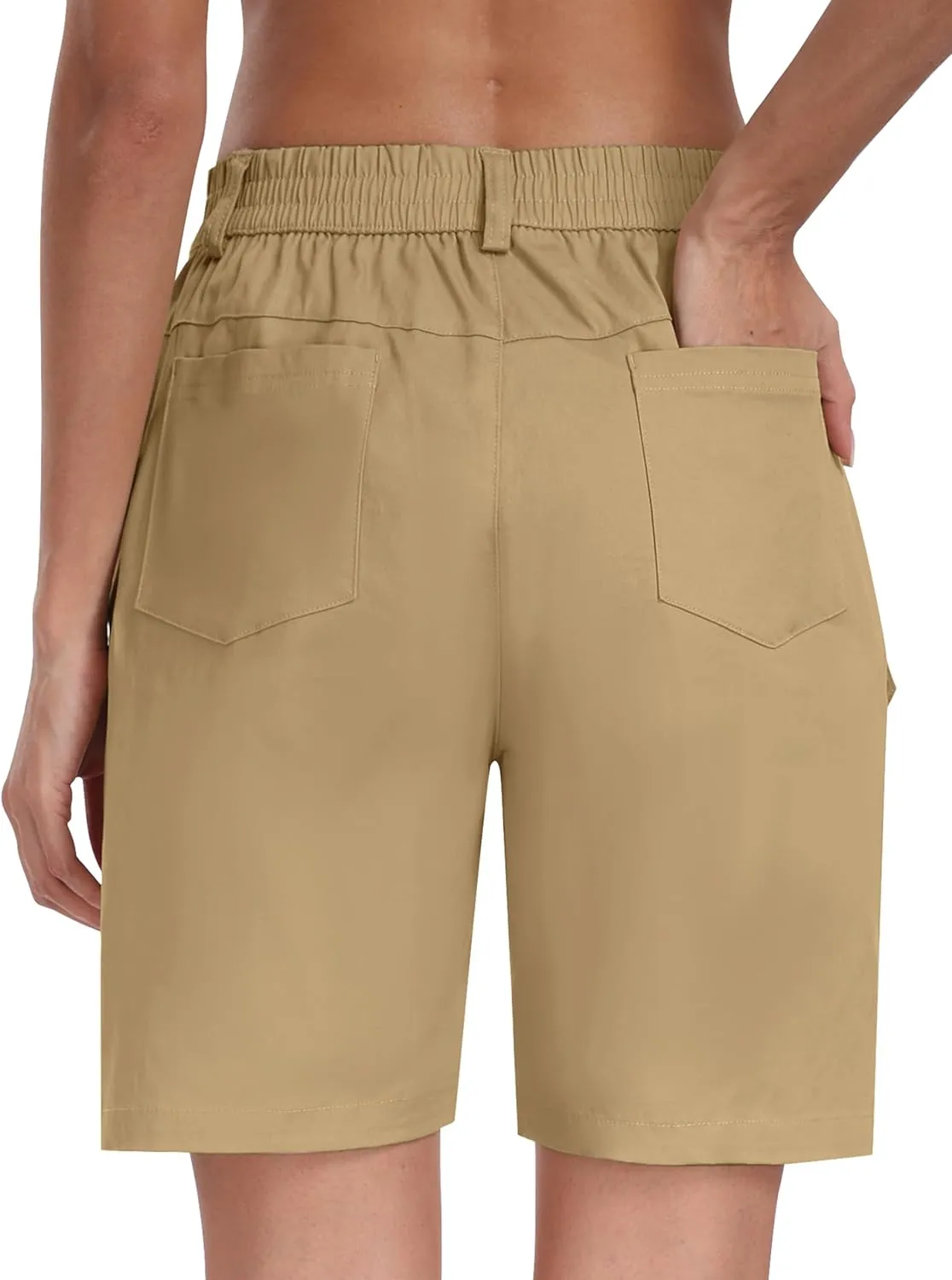 MoFiz Women's Cargo Bermuda Shorts Long Cotton Hiking Twill Chino Shorts Elastic Waist for Summer Casual Golf Travel Outdoor