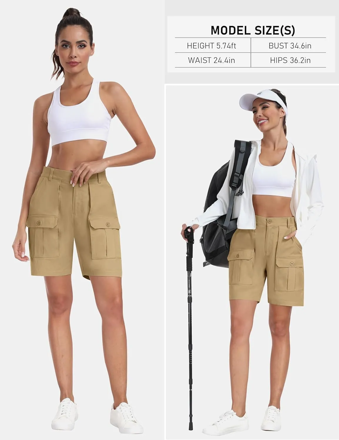 MoFiz Women's Cargo Bermuda Shorts Long Cotton Hiking Twill Chino Shorts Elastic Waist for Summer Casual Golf Travel Outdoor