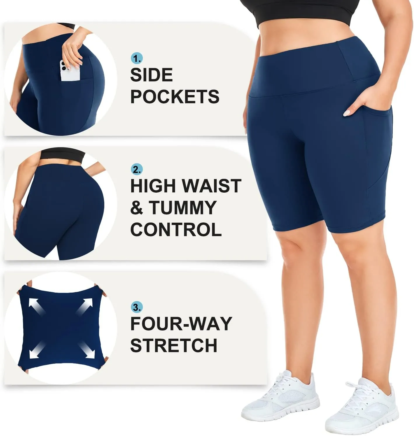 MOREFEEL Plus Size 8" Biker Shorts with Pockets for Women  High Waisted Tummy Control Black Yoga Shorts (XL-4XL)