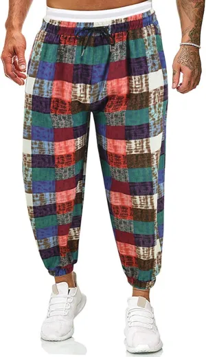 Muscularfit Mens Pants Expandable Waist Cotton Linen Fashion Print Drop Crotch Wide Leg Harem Pant Casual Loose Trousers 2023