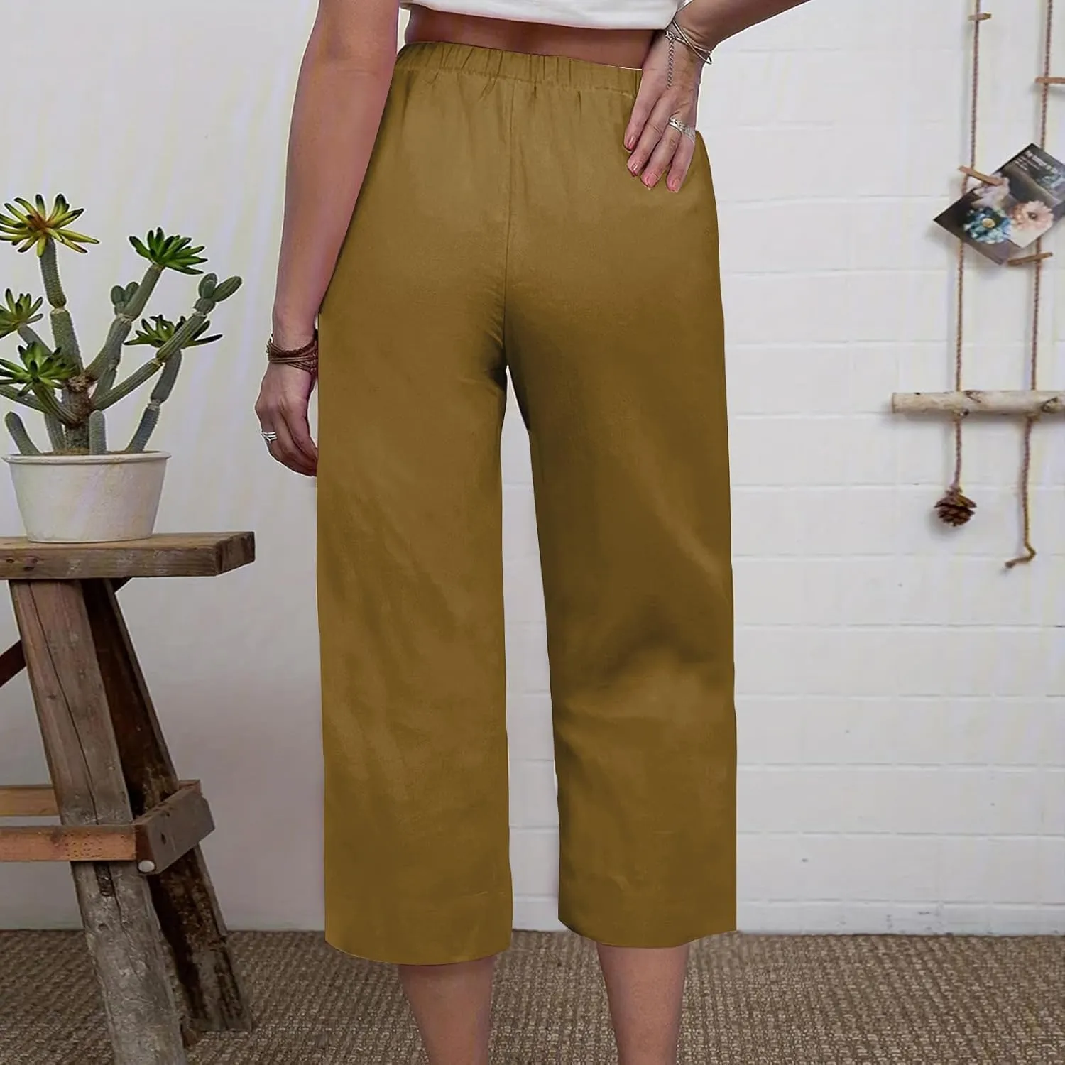 Mzkdieey Women's Cotton Linen Wide Leg Capris Pants Plain High Waist Baggy Cropped Pants Summer Beach Vacation Casual Trouser