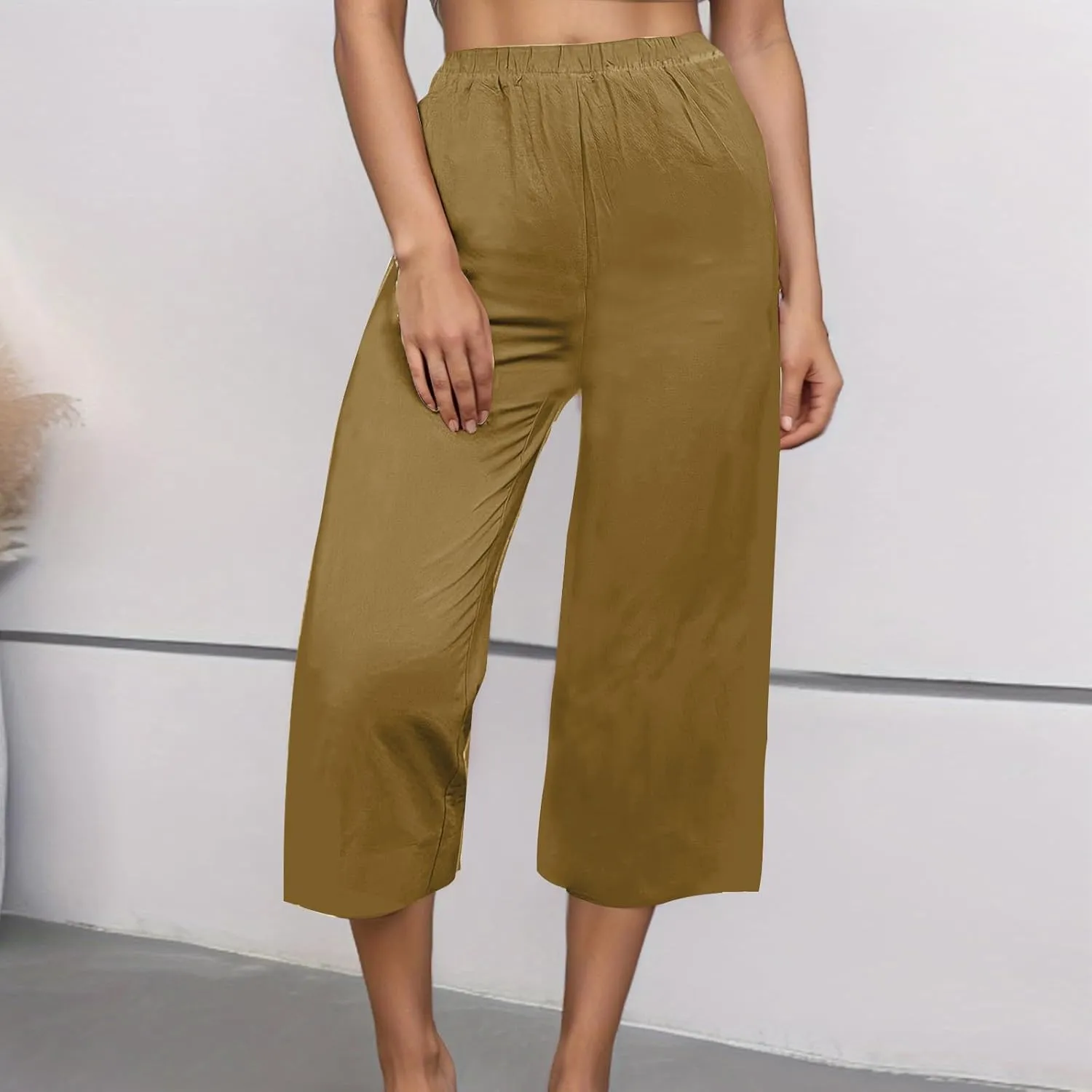 Mzkdieey Women's Cotton Linen Wide Leg Capris Pants Plain High Waist Baggy Cropped Pants Summer Beach Vacation Casual Trouser