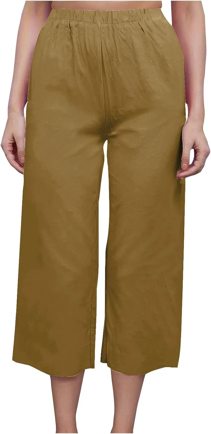 Mzkdieey Women's Cotton Linen Wide Leg Capris Pants Plain High Waist Baggy Cropped Pants Summer Beach Vacation Casual Trouser