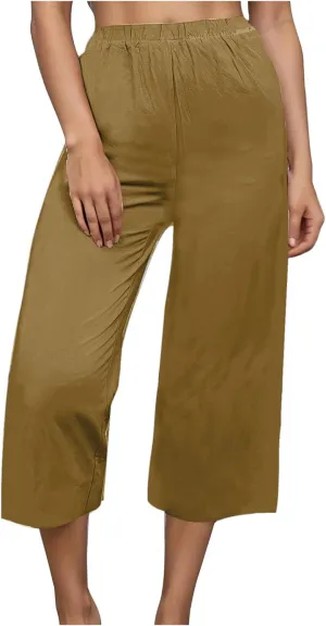 Mzkdieey Women's Cotton Linen Wide Leg Capris Pants Plain High Waist Baggy Cropped Pants Summer Beach Vacation Casual Trouser