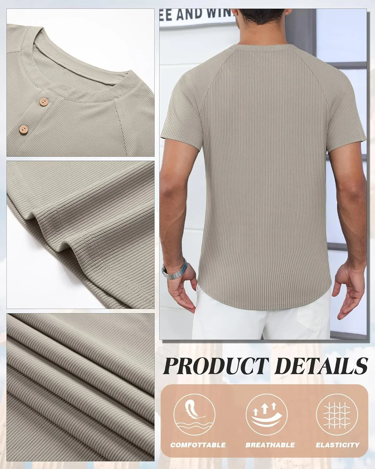 Neer 3 Pack Men's Ribbed Henley Shirts Short Sleeve Raglan Casual T-Shirts Classic Summer Button Placket Muscle Tees