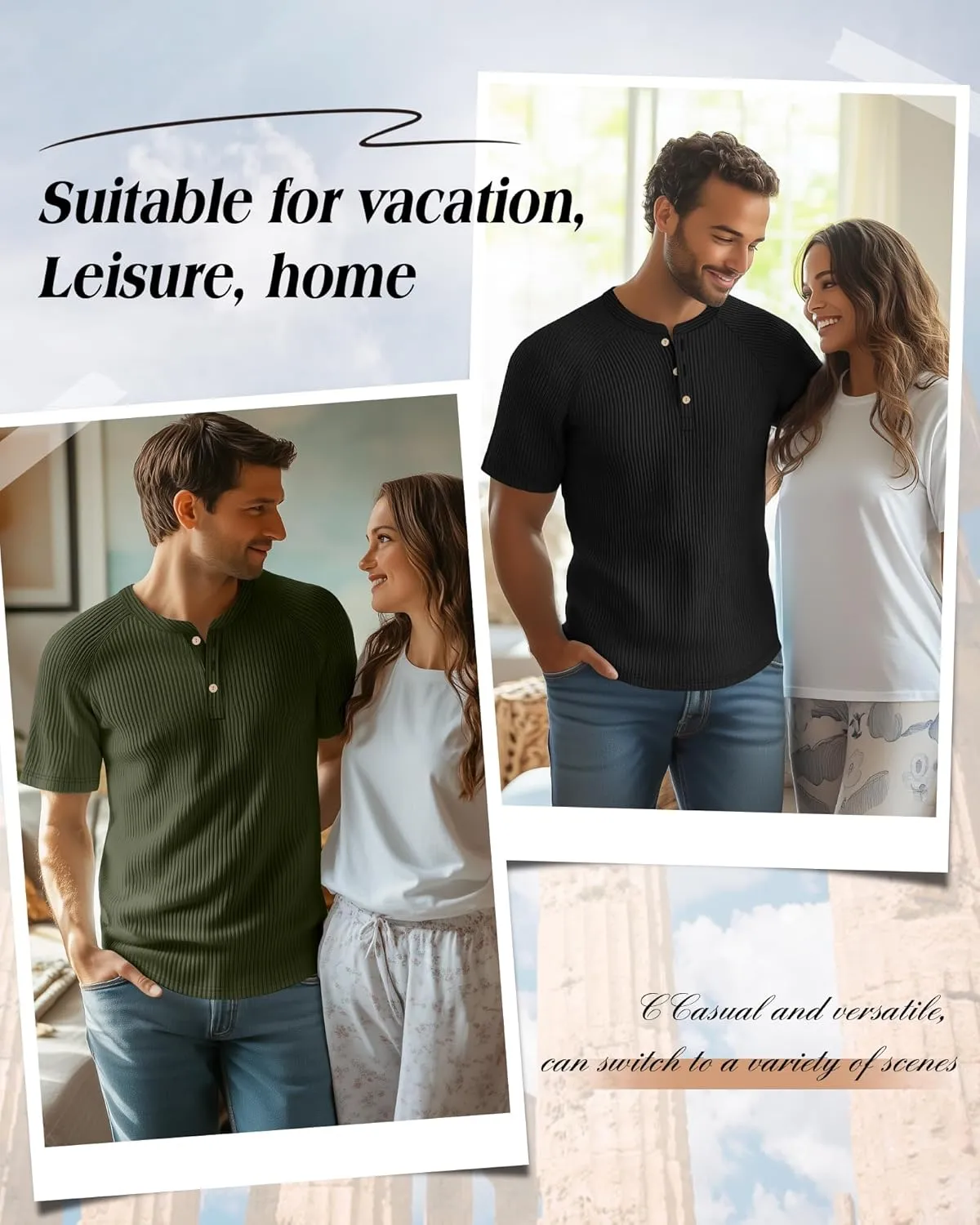 Neer 3 Pack Men's Ribbed Henley Shirts Short Sleeve Raglan Casual T-Shirts Classic Summer Button Placket Muscle Tees
