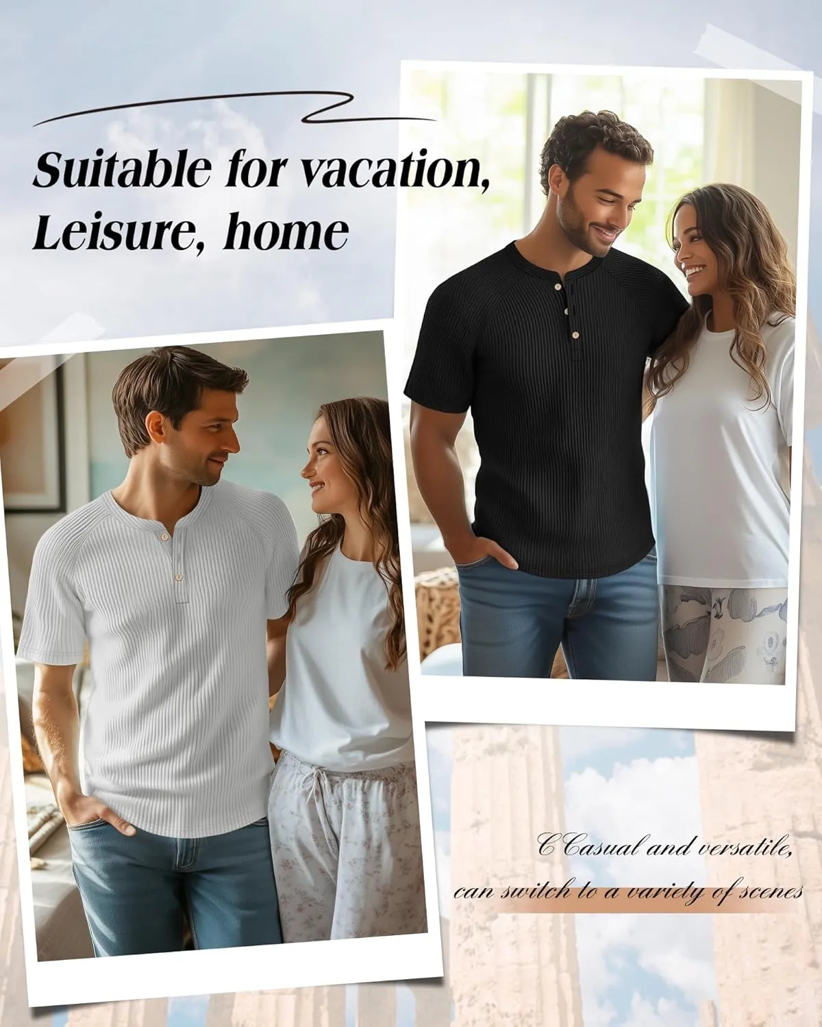Neer 3 Pack Men's Ribbed Henley Shirts Short Sleeve Raglan Casual T-Shirts Classic Summer Button Placket Muscle Tees