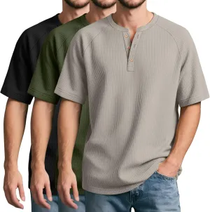 Neer 3 Pack Men's Ribbed Henley Shirts Short Sleeve Raglan Casual T-Shirts Classic Summer Button Placket Muscle Tees