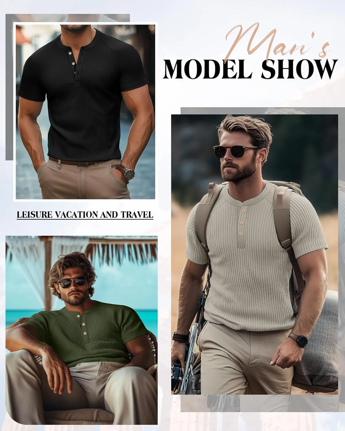 Neer 3 Pack Men's Ribbed Henley Shirts Short Sleeve Raglan Casual T-Shirts Classic Summer Button Placket Muscle Tees