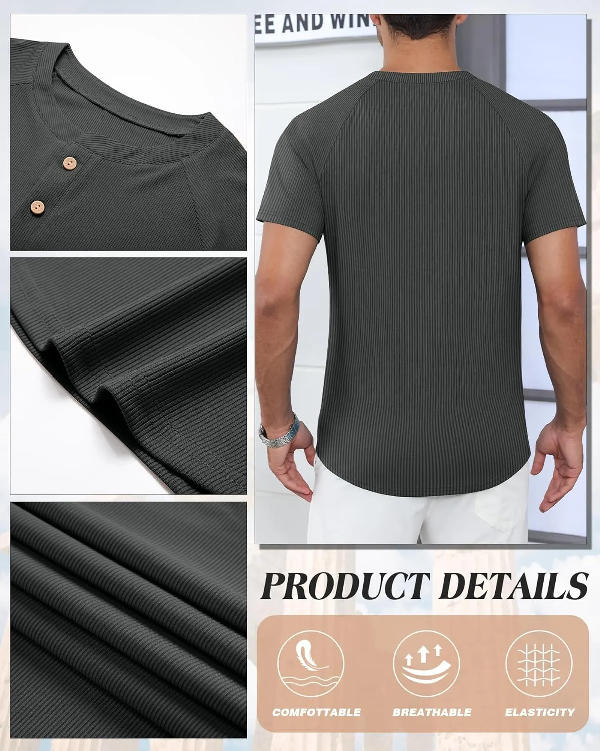Neer 3 Pack Men's Ribbed Henley Shirts Short Sleeve Raglan Casual T-Shirts Classic Summer Button Placket Muscle Tees
