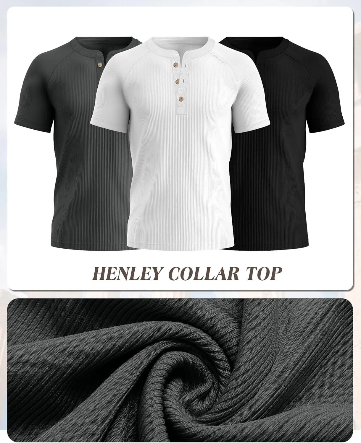Neer 3 Pack Men's Ribbed Henley Shirts Short Sleeve Raglan Casual T-Shirts Classic Summer Button Placket Muscle Tees