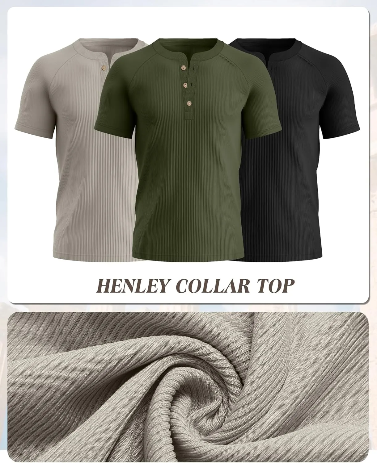 Neer 3 Pack Men's Ribbed Henley Shirts Short Sleeve Raglan Casual T-Shirts Classic Summer Button Placket Muscle Tees