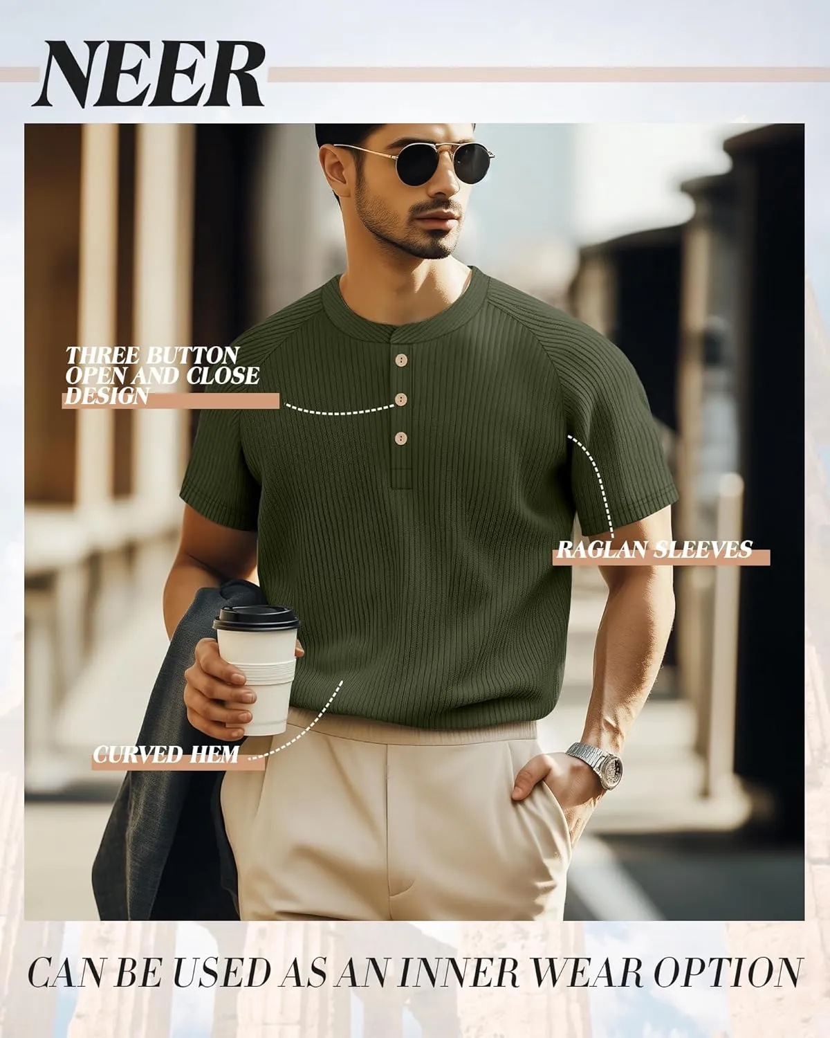 Neer 3 Pack Men's Ribbed Henley Shirts Short Sleeve Raglan Casual T-Shirts Classic Summer Button Placket Muscle Tees