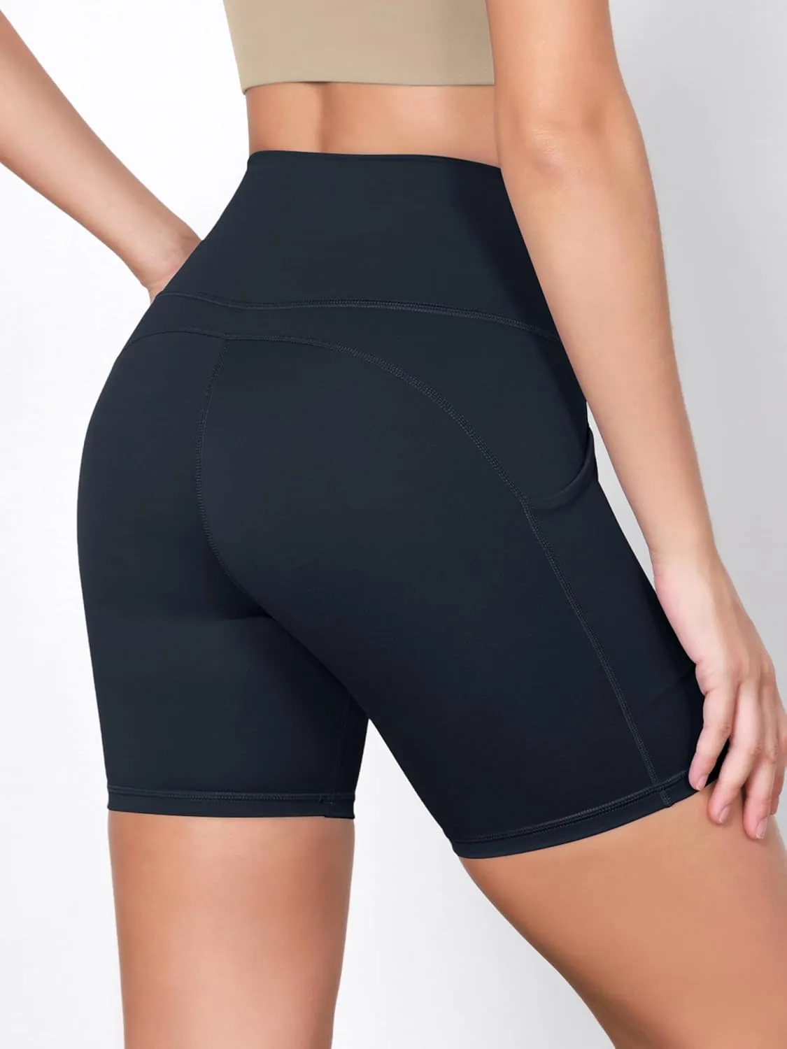 ODODOS 2-Pack High Waist Workout Shorts with Pockets for Women 6"/8" Inseam Tummy Control Gym Athletic Biker Shorts