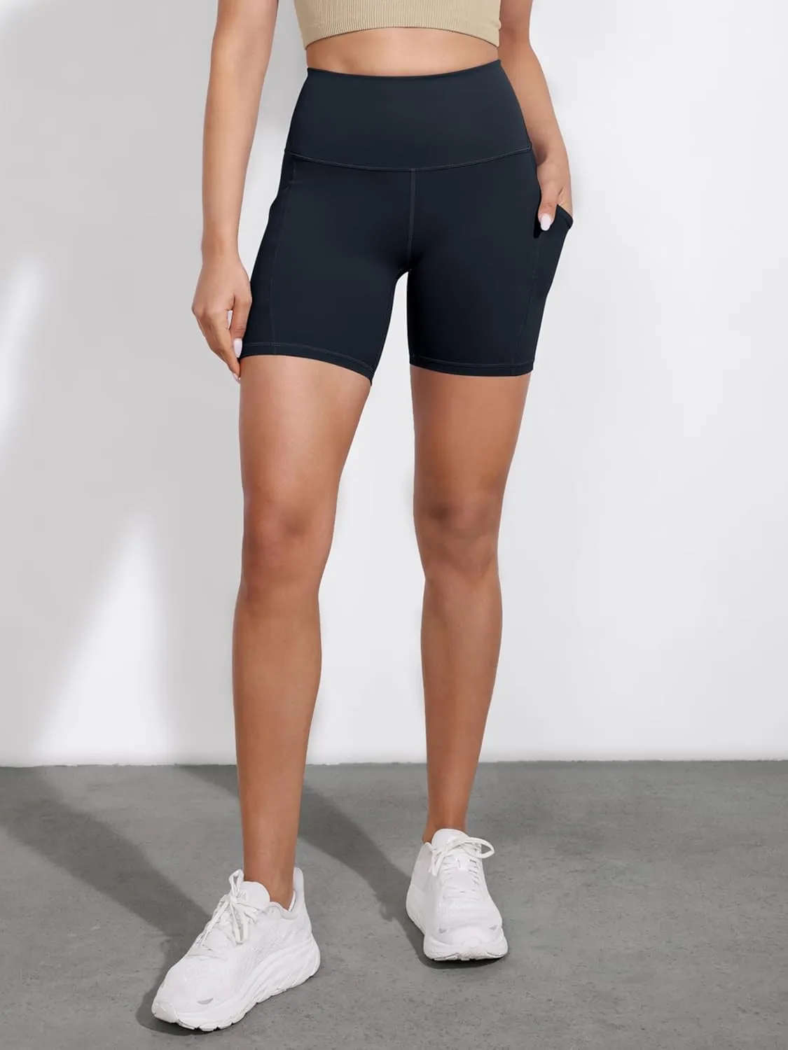 ODODOS 2-Pack High Waist Workout Shorts with Pockets for Women 6"/8" Inseam Tummy Control Gym Athletic Biker Shorts