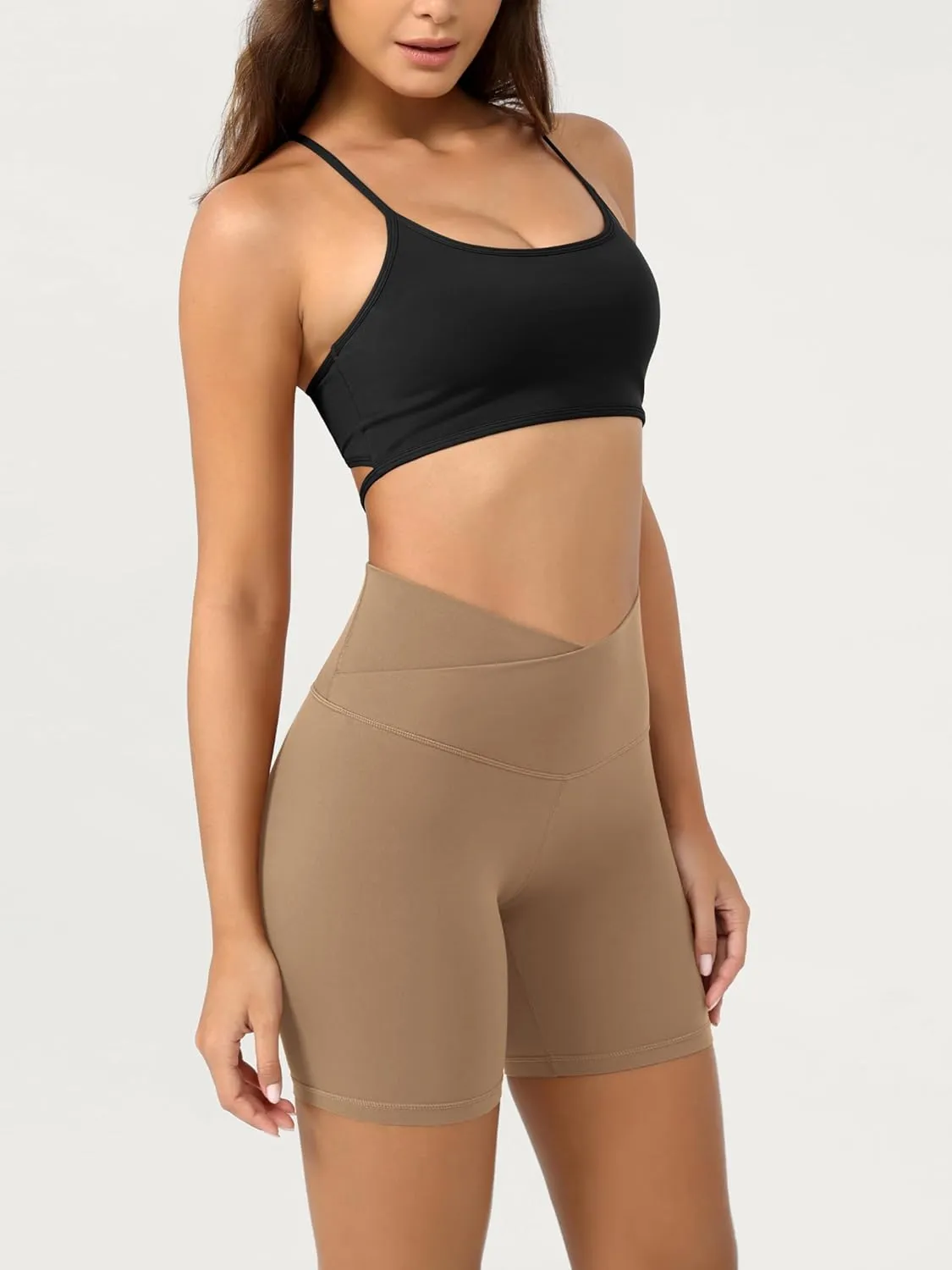 ODODOS Cloud Feeling Crossover Yoga Shorts with Back Pocket for Women, 6" / 8 V High Wasit Lounge Biker Shorts