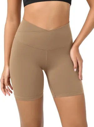 ODODOS Cloud Feeling Crossover Yoga Shorts with Back Pocket for Women, 6" / 8 V High Wasit Lounge Biker Shorts