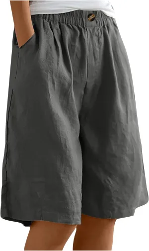 oiangi Linen Shorts for Women High Waisted Knee Length Bermuda Shorts Loose Casual Wide Leg Workout Short Pants with Pockets