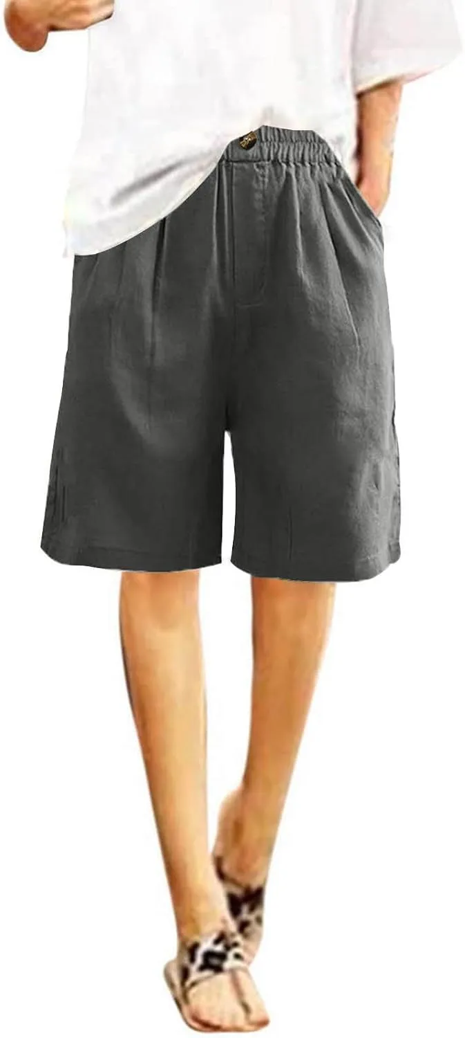 oiangi Linen Shorts for Women High Waisted Knee Length Bermuda Shorts Loose Casual Wide Leg Workout Short Pants with Pockets