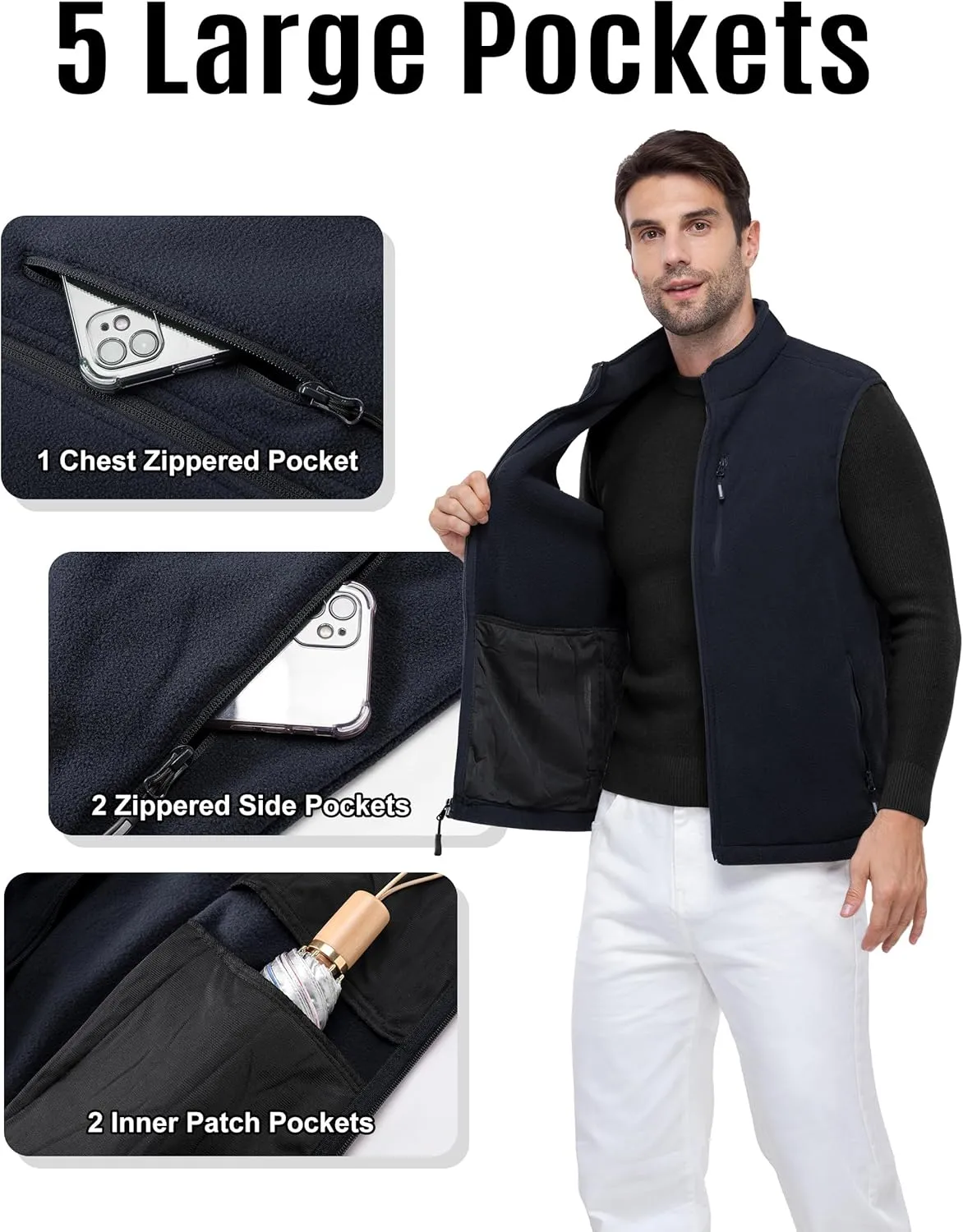 Outdoor Ventures Men's Full-Zip Lightweight Polar Fleece Vest Outerwear with 5 Pockets Warm Winter Sleeveless Jacket Casual