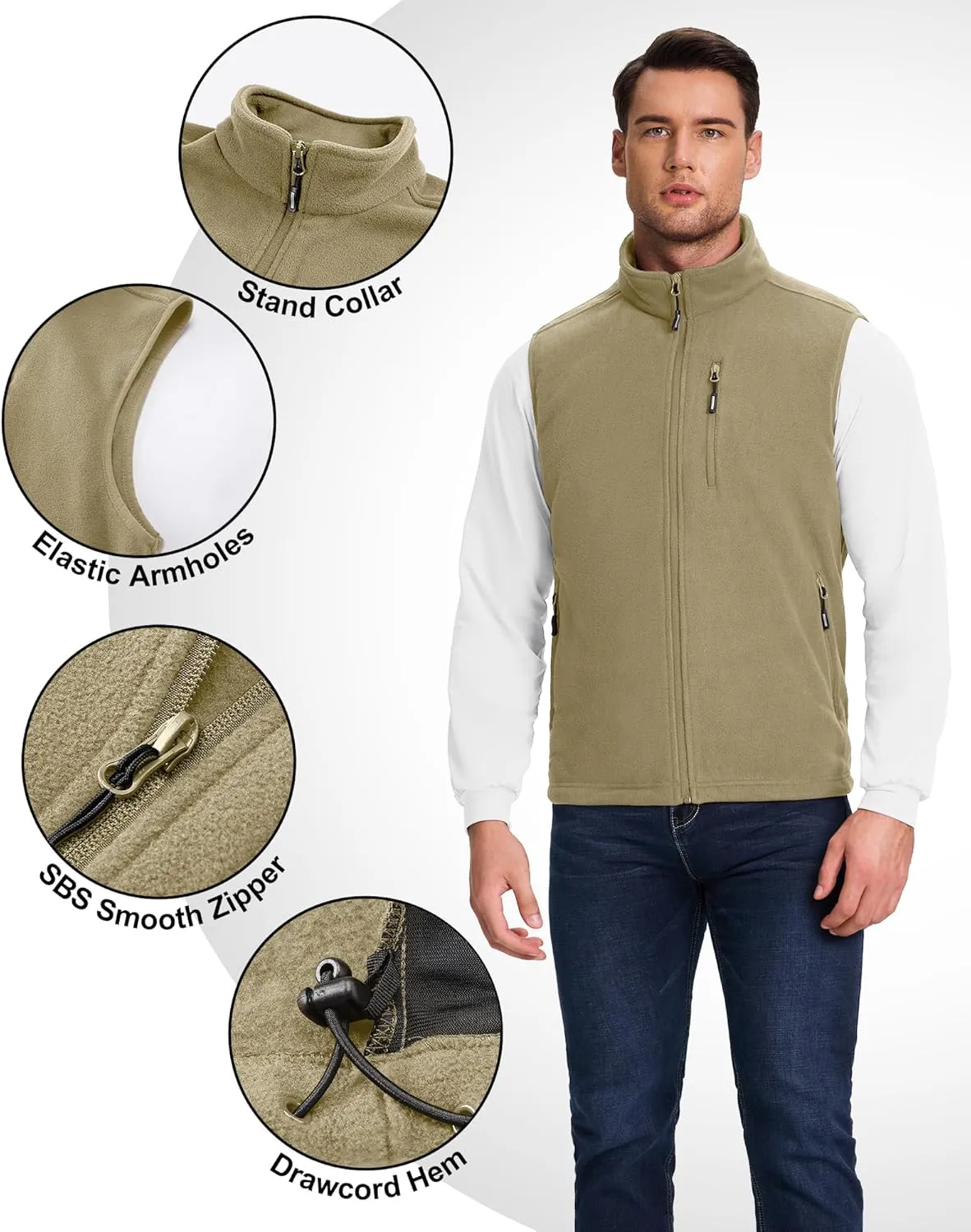 Outdoor Ventures Men's Full-Zip Lightweight Polar Fleece Vest Outerwear with 5 Pockets Warm Winter Sleeveless Jacket Casual
