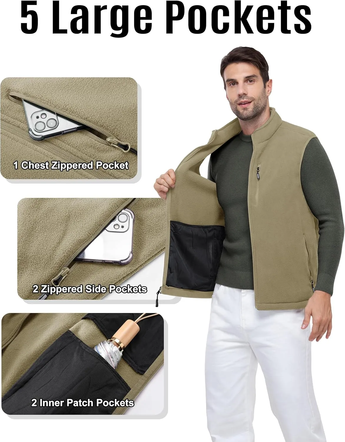 Outdoor Ventures Men's Full-Zip Lightweight Polar Fleece Vest Outerwear with 5 Pockets Warm Winter Sleeveless Jacket Casual
