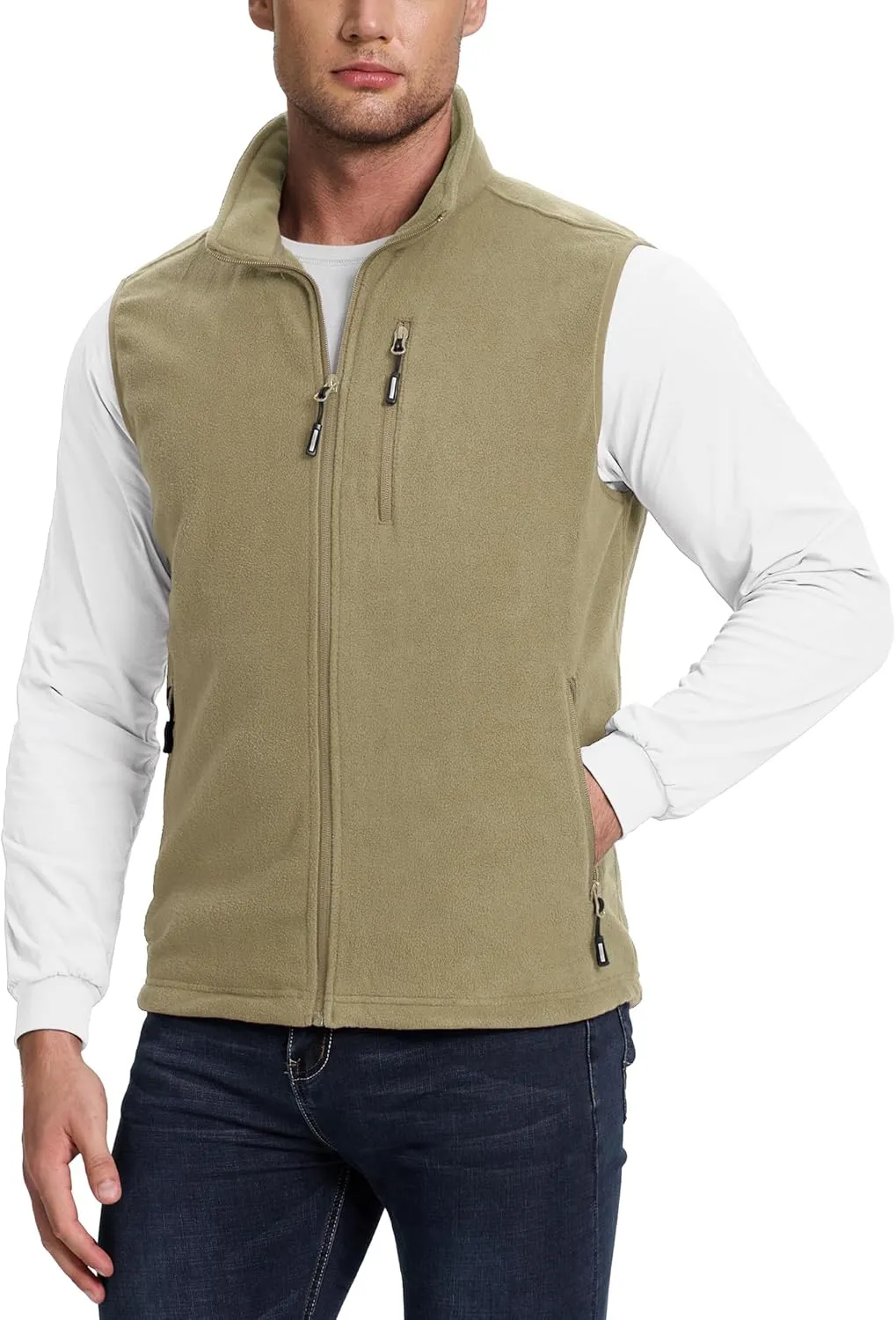 Outdoor Ventures Men's Full-Zip Lightweight Polar Fleece Vest Outerwear with 5 Pockets Warm Winter Sleeveless Jacket Casual