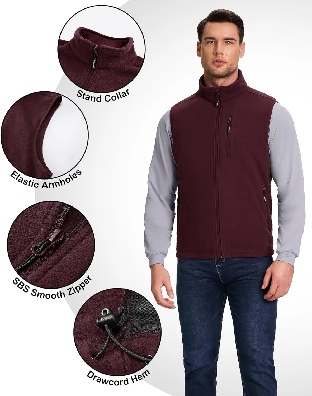 Outdoor Ventures Men's Full-Zip Lightweight Polar Fleece Vest Outerwear with 5 Pockets Warm Winter Sleeveless Jacket Casual