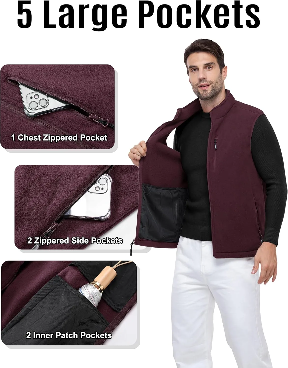 Outdoor Ventures Men's Full-Zip Lightweight Polar Fleece Vest Outerwear with 5 Pockets Warm Winter Sleeveless Jacket Casual