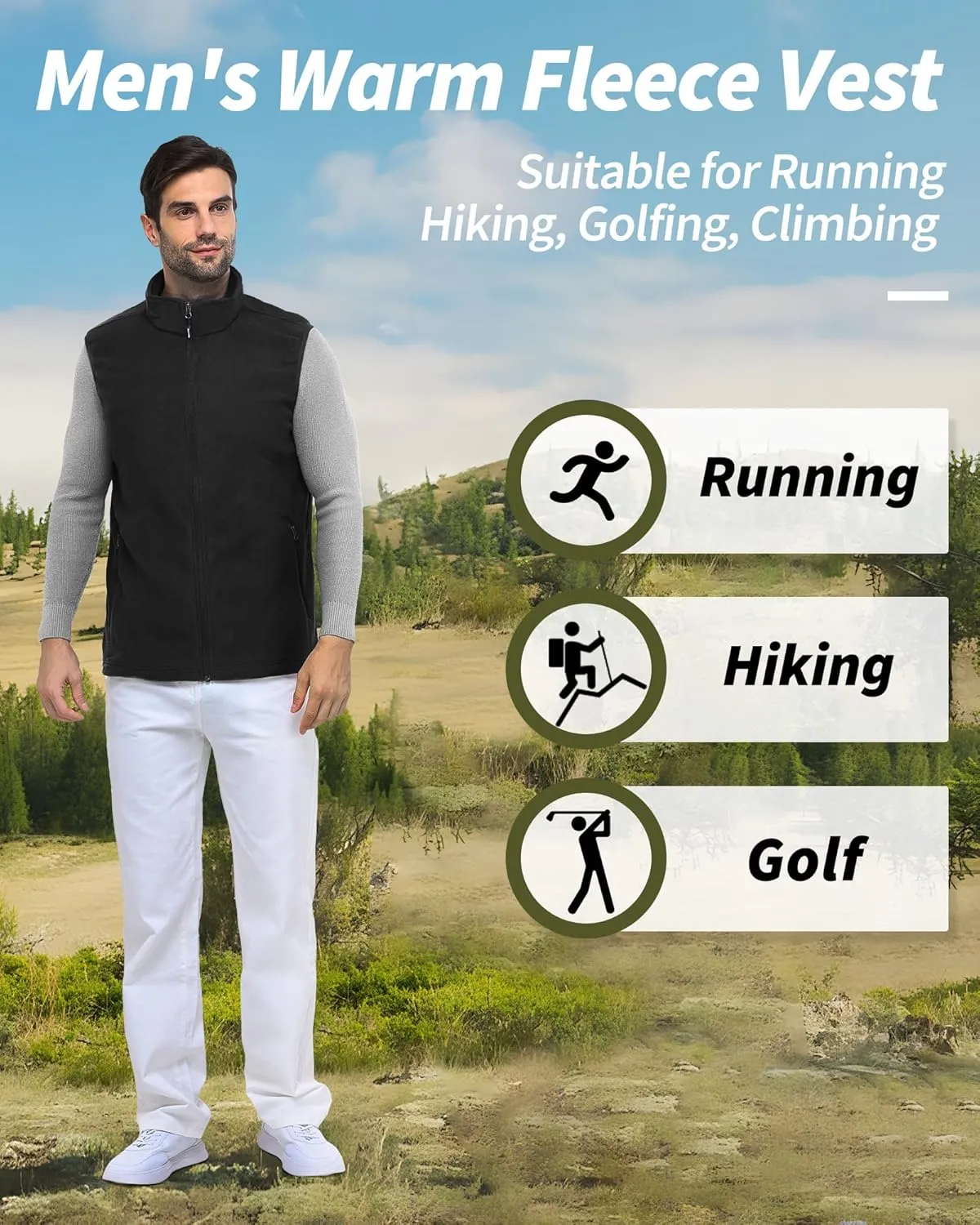 Outdoor Ventures Men's Full-Zip Polar Fleece Vest Outerwear Lightweight Warm Casual Sleeveless Jacket for Fall & Winter