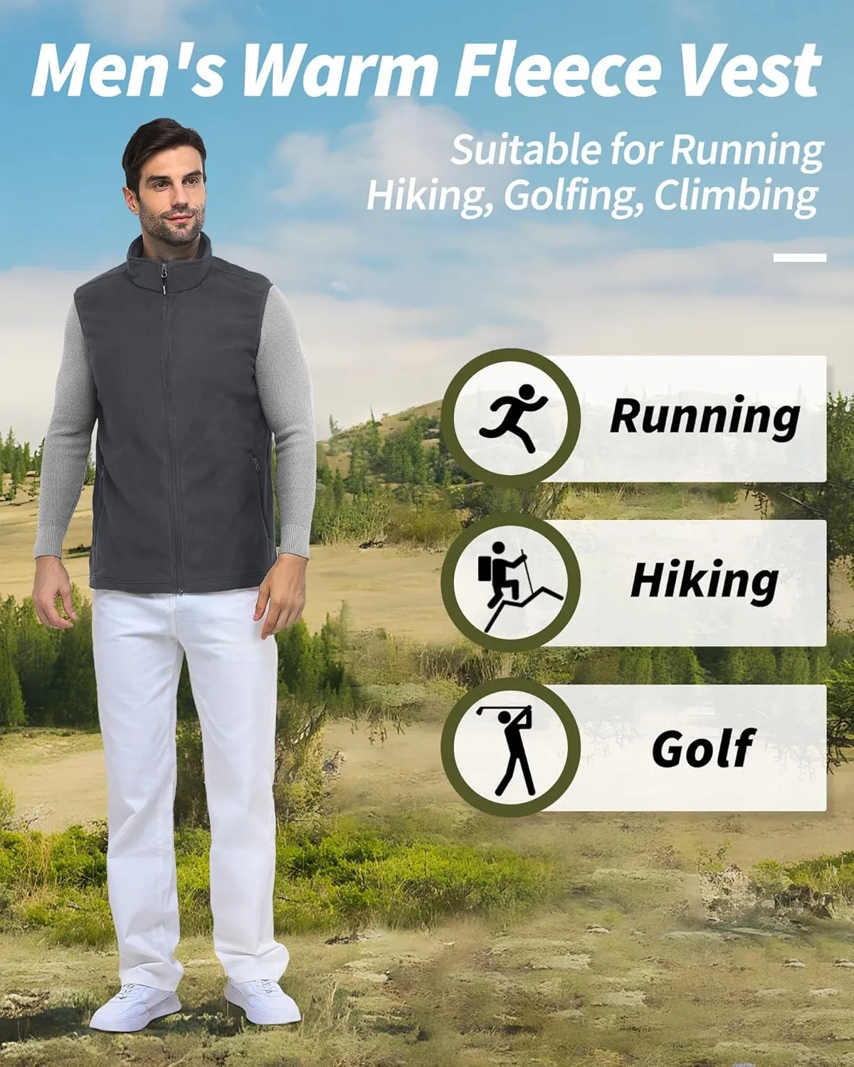 Outdoor Ventures Men's Full-Zip Polar Fleece Vest Outerwear Lightweight Warm Casual Sleeveless Jacket for Fall & Winter