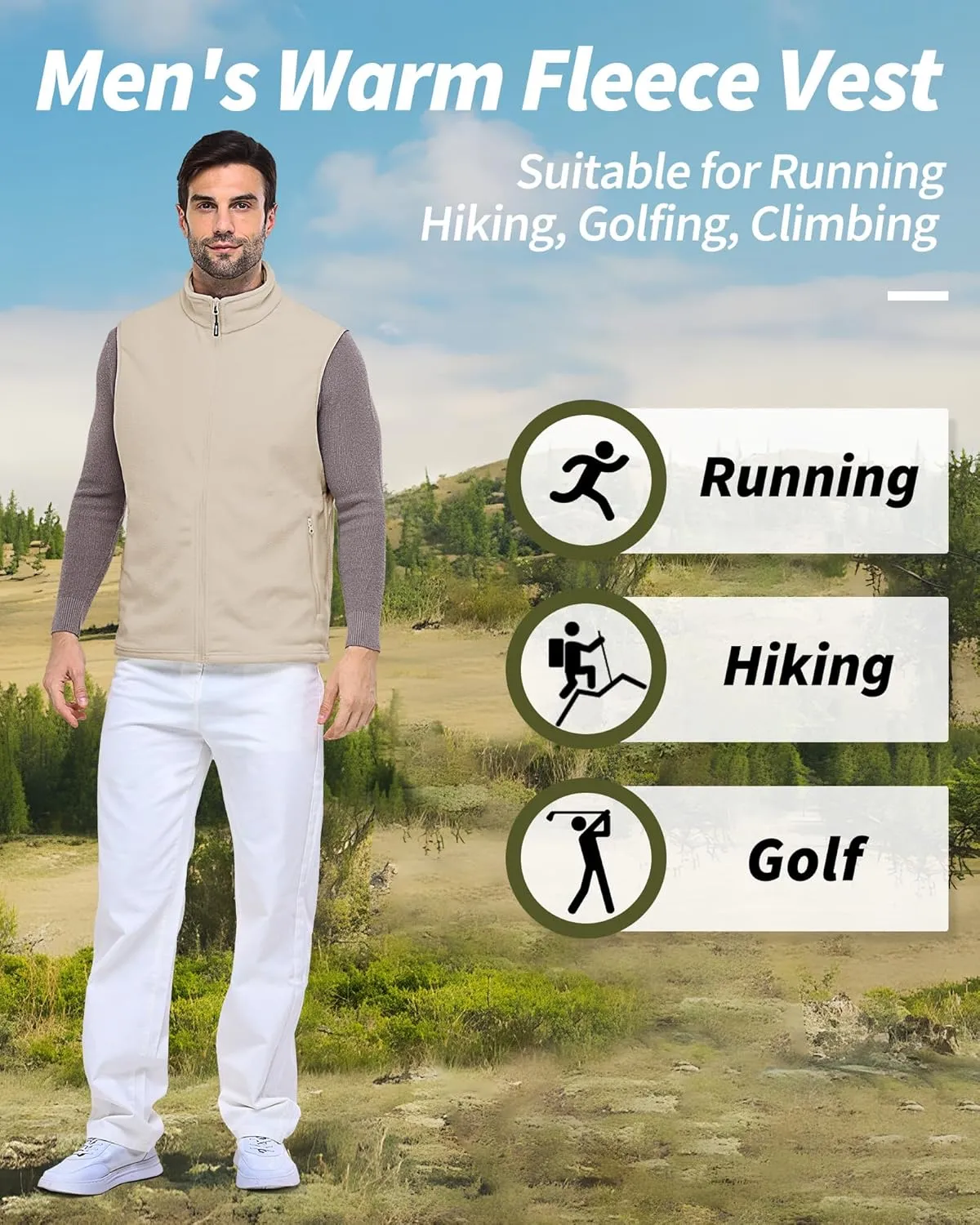 Outdoor Ventures Men's Full-Zip Polar Fleece Vest Outerwear Lightweight Warm Casual Sleeveless Jacket for Fall & Winter
