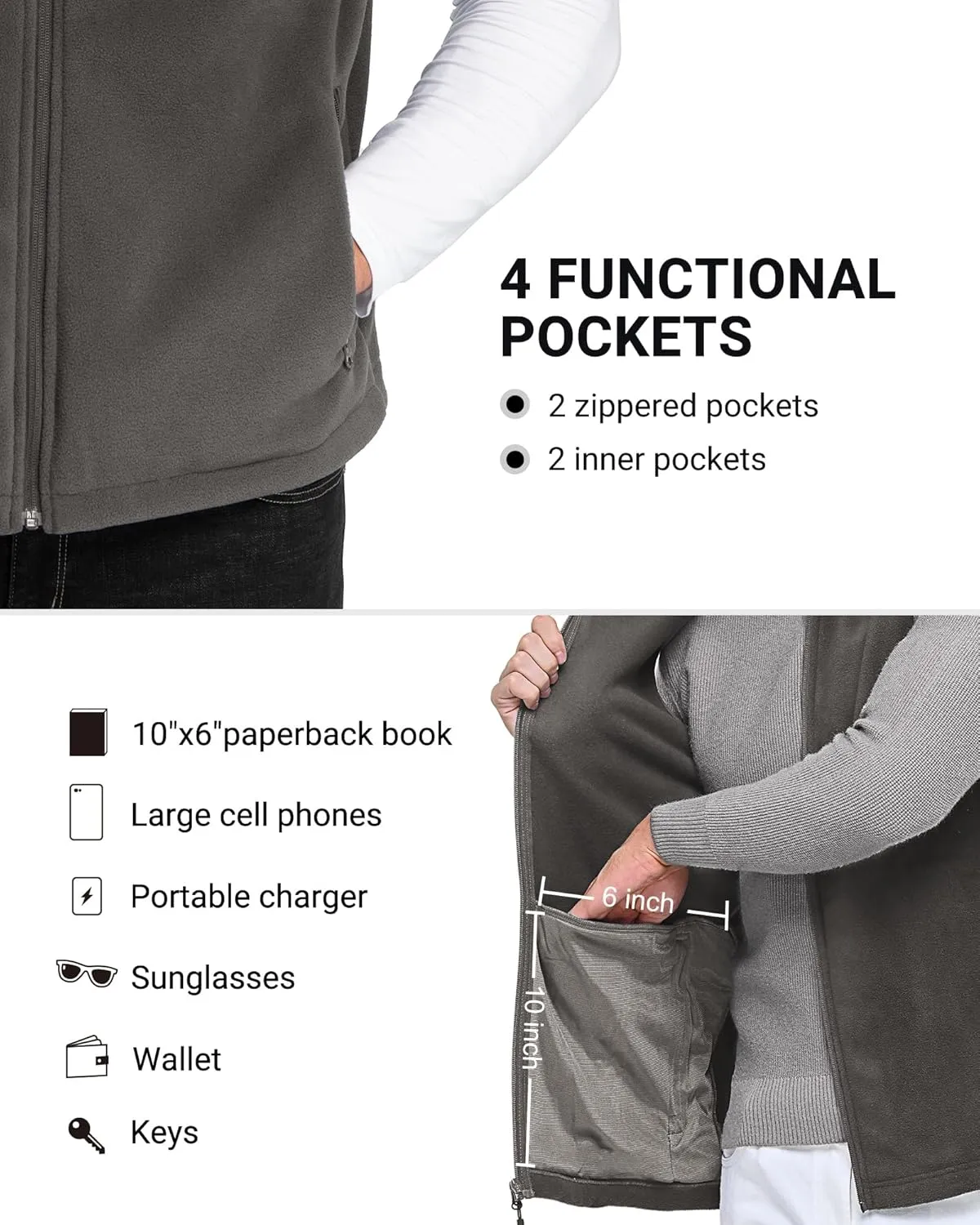 Outdoor Ventures Men's Full-Zip Polar Fleece Vest Outerwear Lightweight Warm Casual Sleeveless Jacket for Fall & Winter