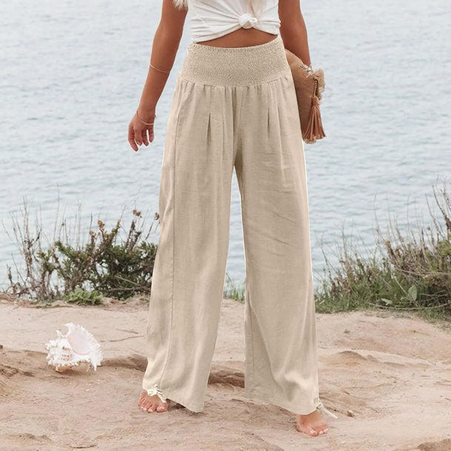 Pants for Women High Waisted Pant Wide Leg Linen Pants Palazzo Trousers Pull On Elastic Smock Waist Loose Flowy Pants