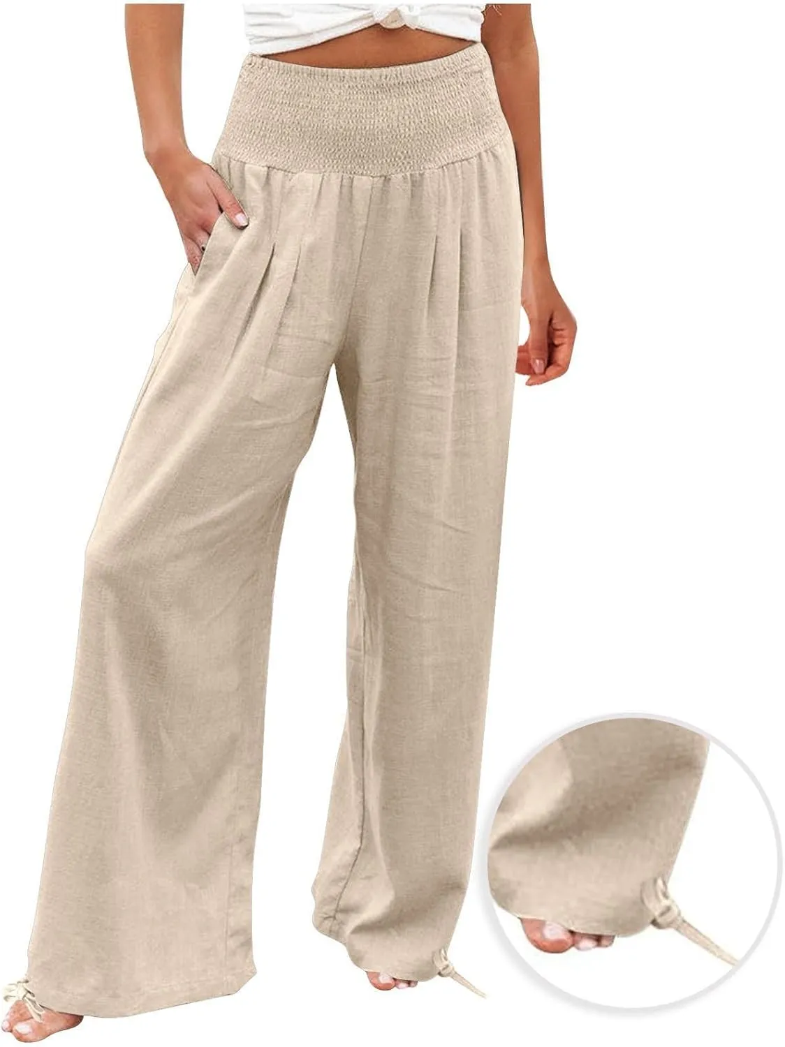 Pants for Women High Waisted Pant Wide Leg Linen Pants Palazzo Trousers Pull On Elastic Smock Waist Loose Flowy Pants