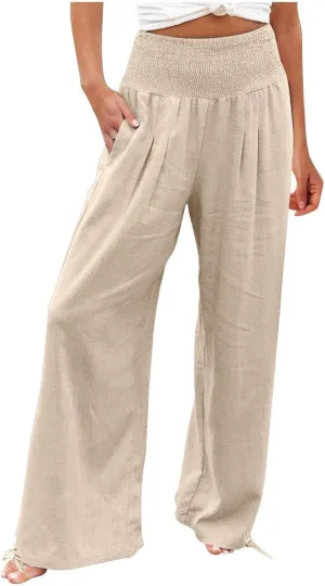 Pants for Women High Waisted Pant Wide Leg Linen Pants Palazzo Trousers Pull On Elastic Smock Waist Loose Flowy Pants