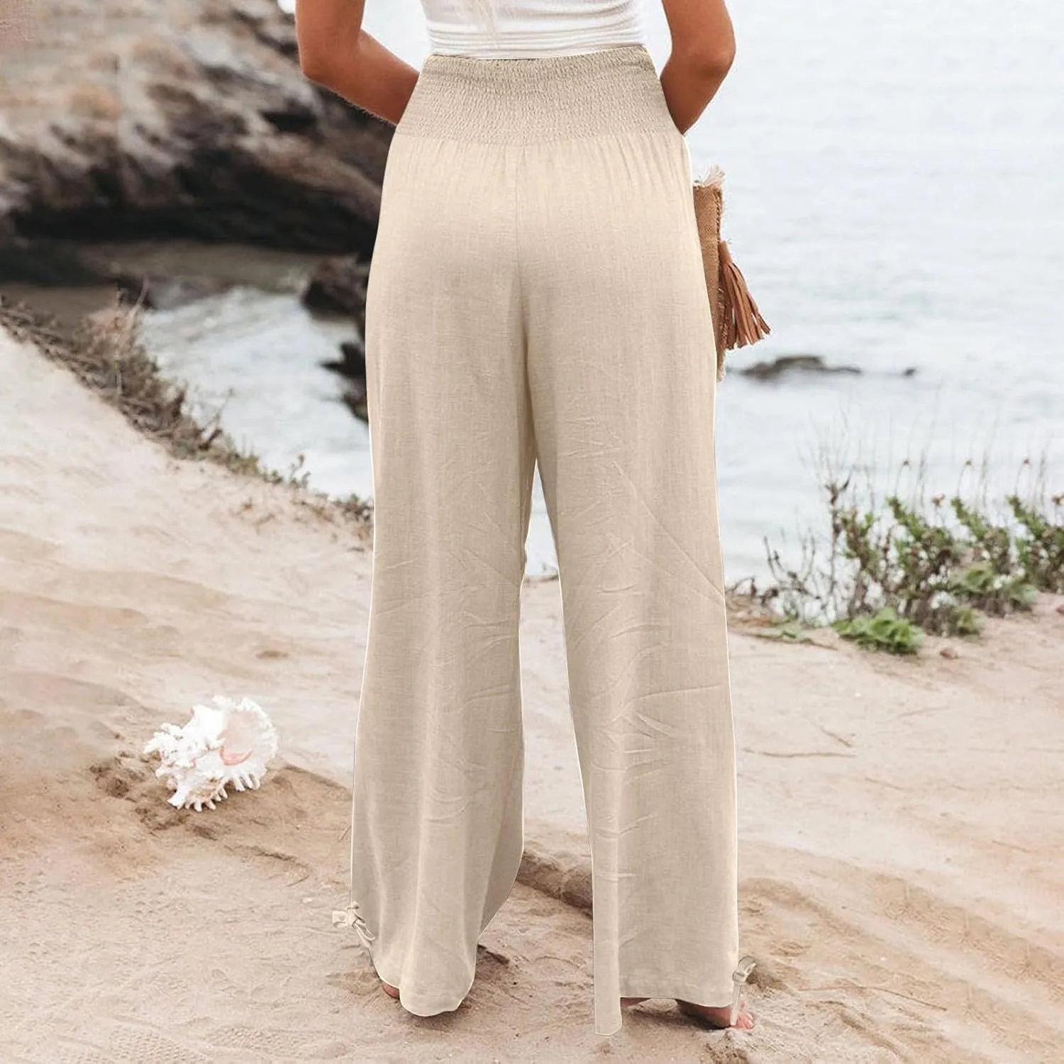 Pants for Women High Waisted Pant Wide Leg Linen Pants Palazzo Trousers Pull On Elastic Smock Waist Loose Flowy Pants