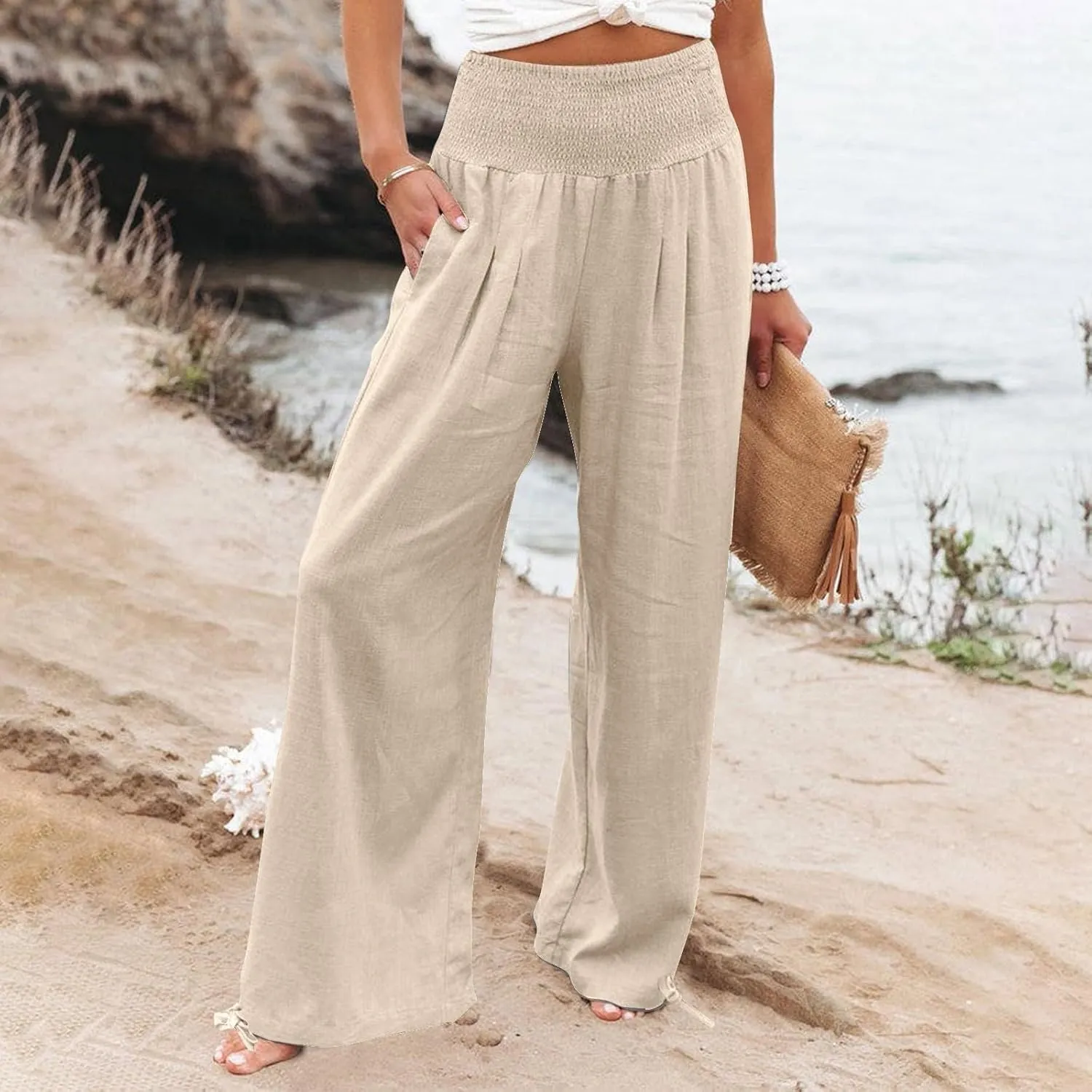 Pants for Women High Waisted Pant Wide Leg Linen Pants Palazzo Trousers Pull On Elastic Smock Waist Loose Flowy Pants