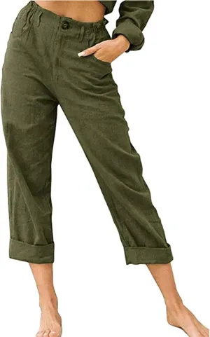 Peasant Pants for Women Summer Beach Cotton Linen Capris 3/4 Sweatpants Yoga Pant Elastic Waist Cropped Lounge Slacks